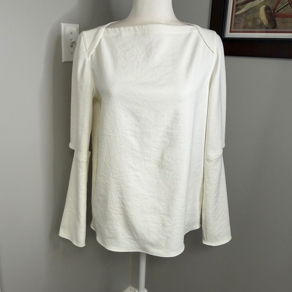 Tibi Cream Boatneck Cut Out Elbow Long Sleeve Crepe Top Size 4